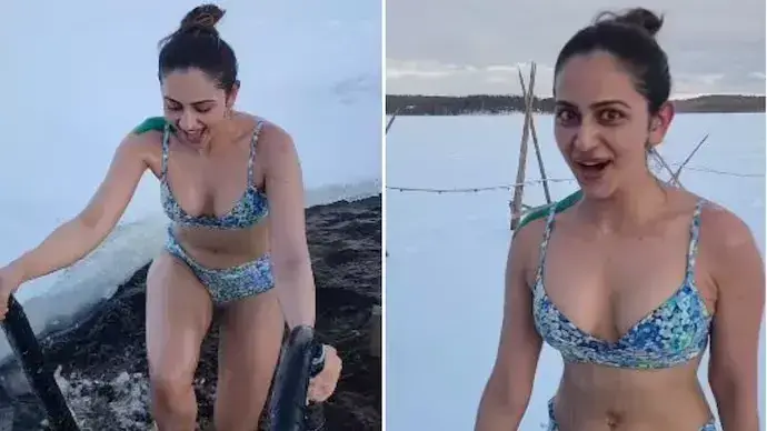 Indian Actress Rakul Preet Singh taking a dip in freezing water